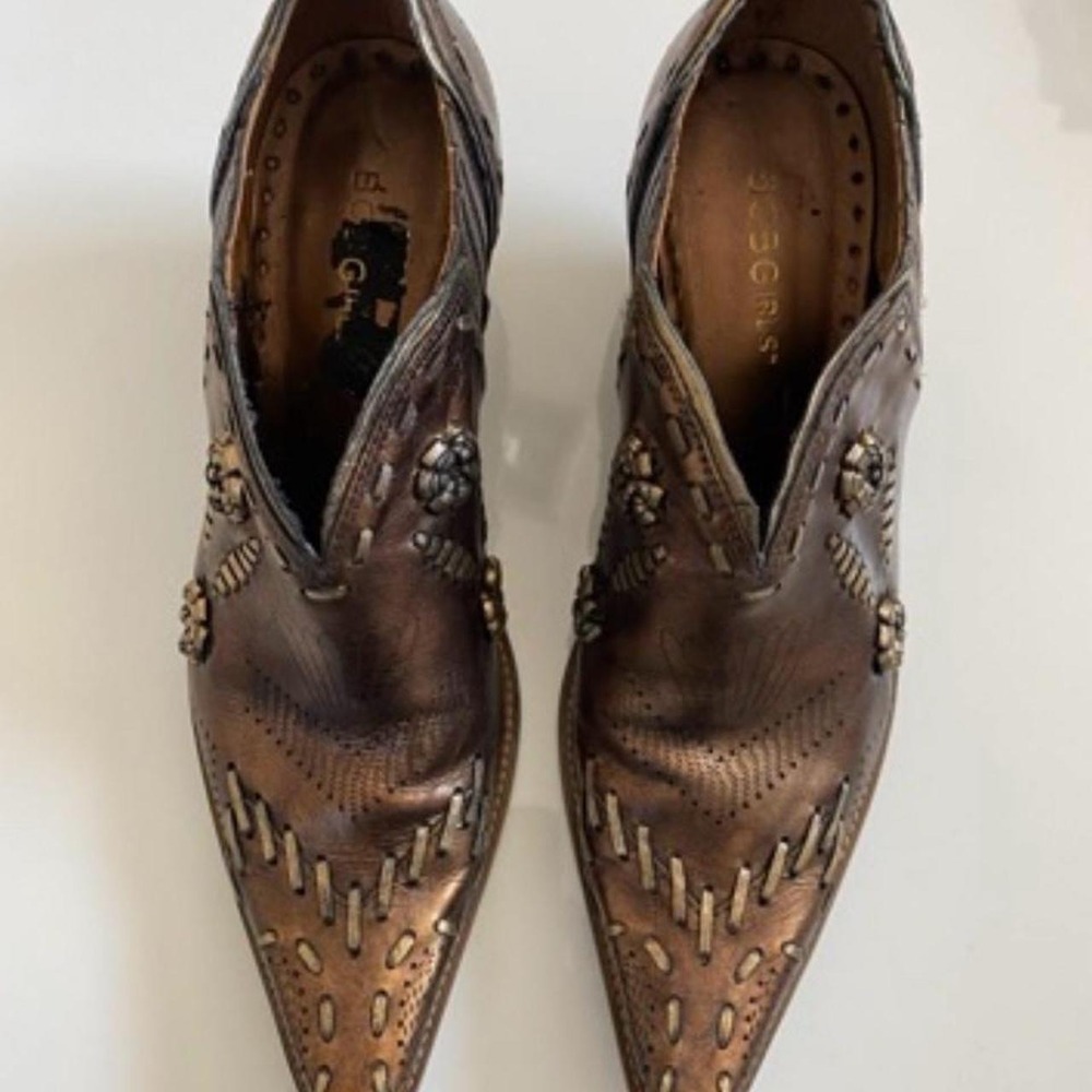 BCBG Leather Bronze Metallic Boho Chic Festival Booties Vintage Y2K Size 7